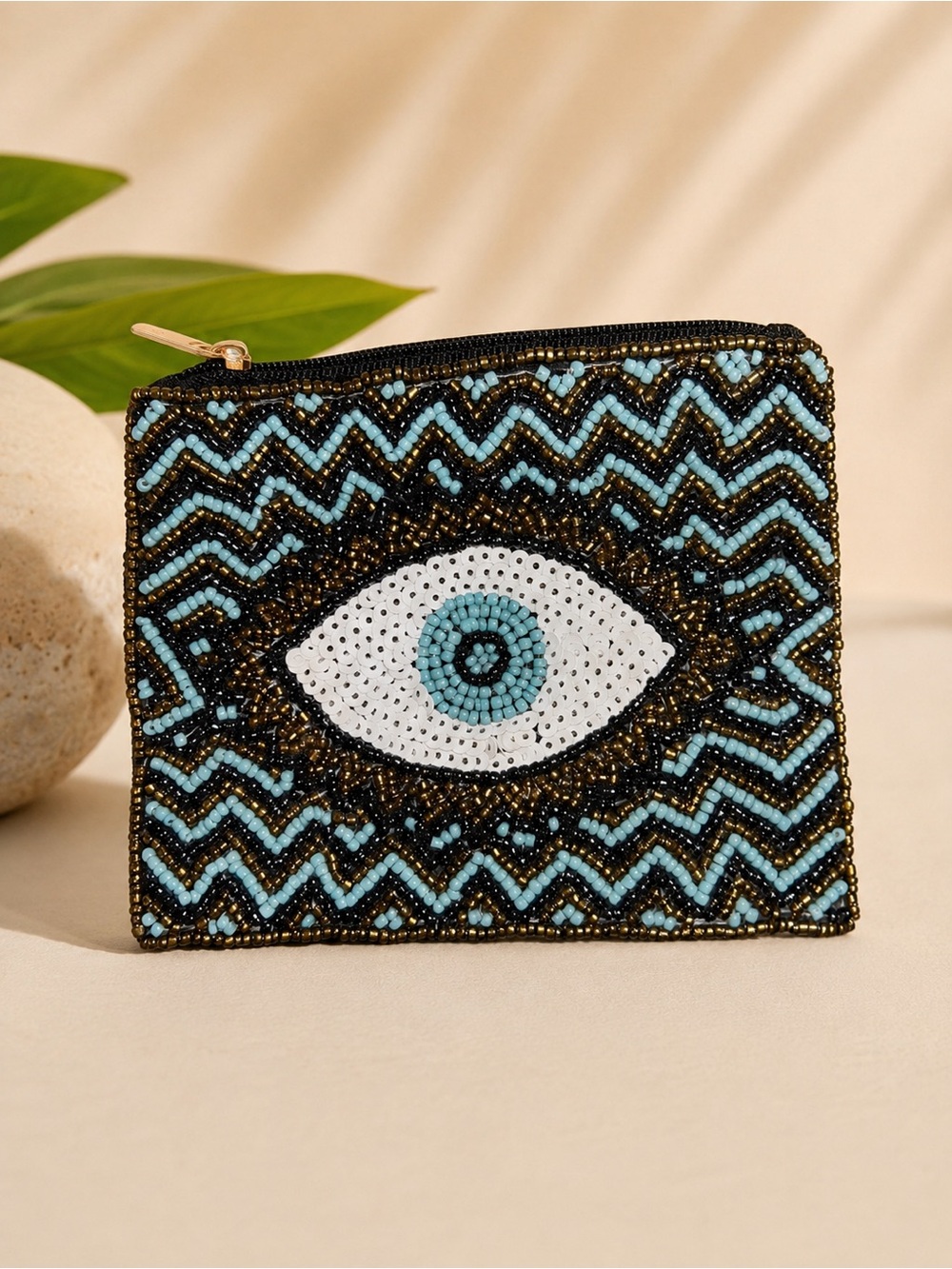 Handmade Evil Eye Beaded Coin Purse Zip Pouch Boho Protection Wallet